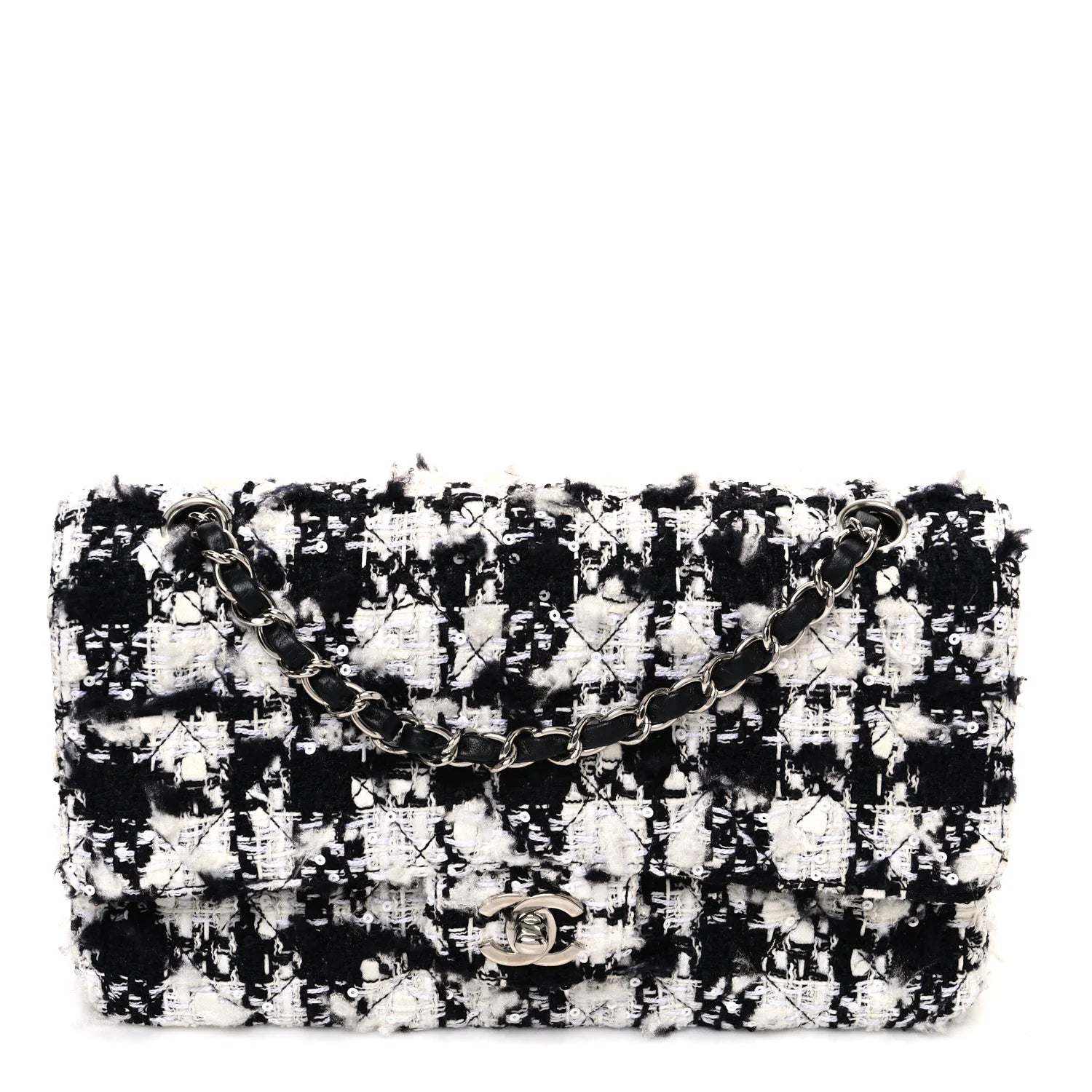 Tweed Quilted Medium Double Flap Black Ecru White