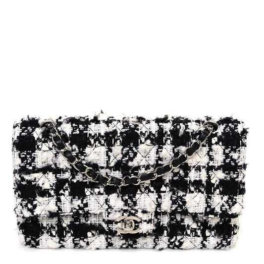 Tweed Quilted Medium Double Flap Black Ecru White