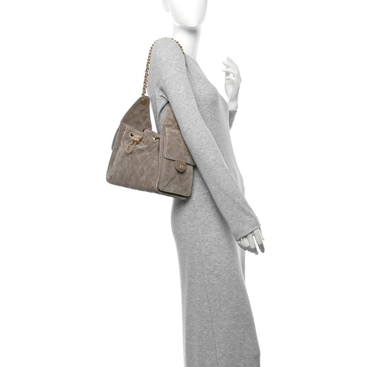 Suede Quilted Small  25 Handbag Dark Grey