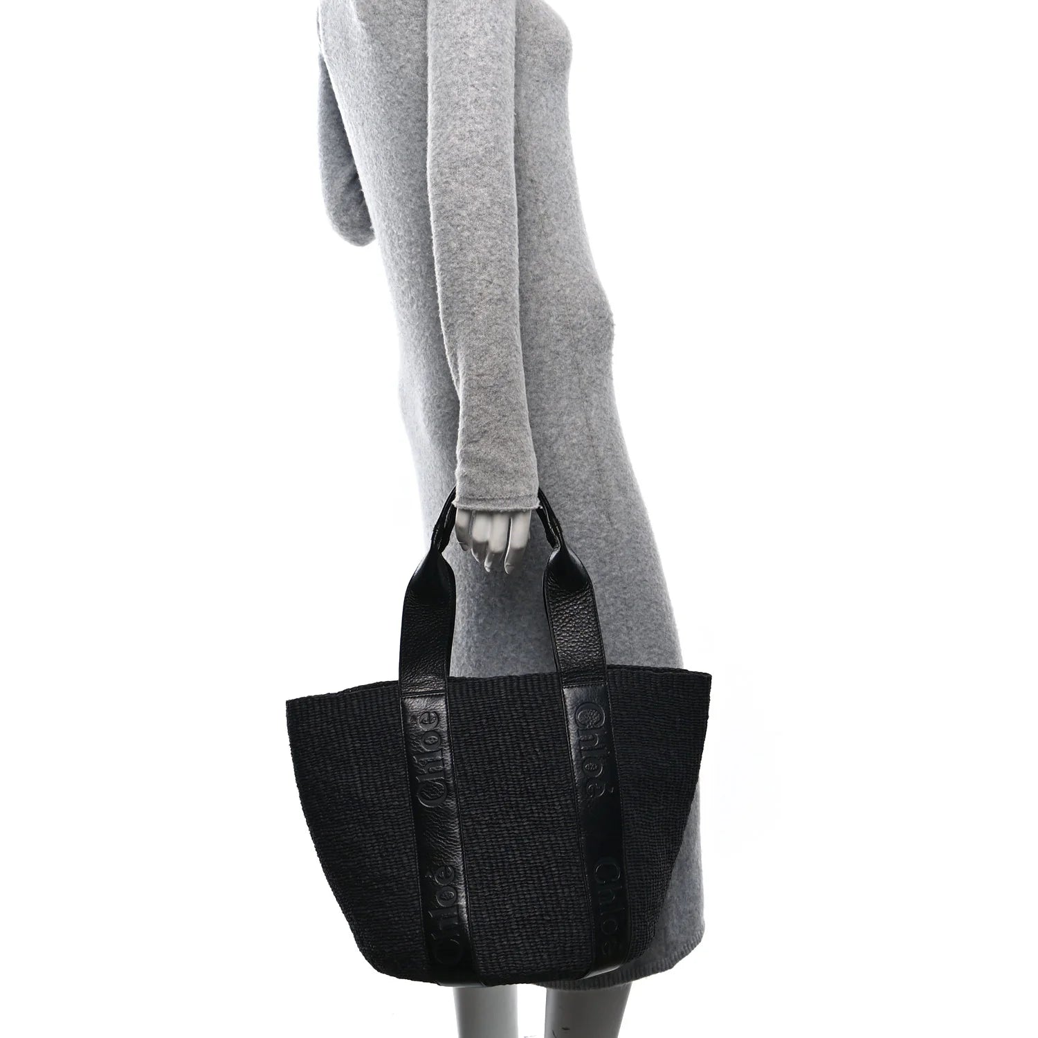 Raffia Calfskin Large Woody Basket Bag Black