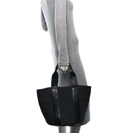 Raffia Calfskin Large Woody Basket Bag Black