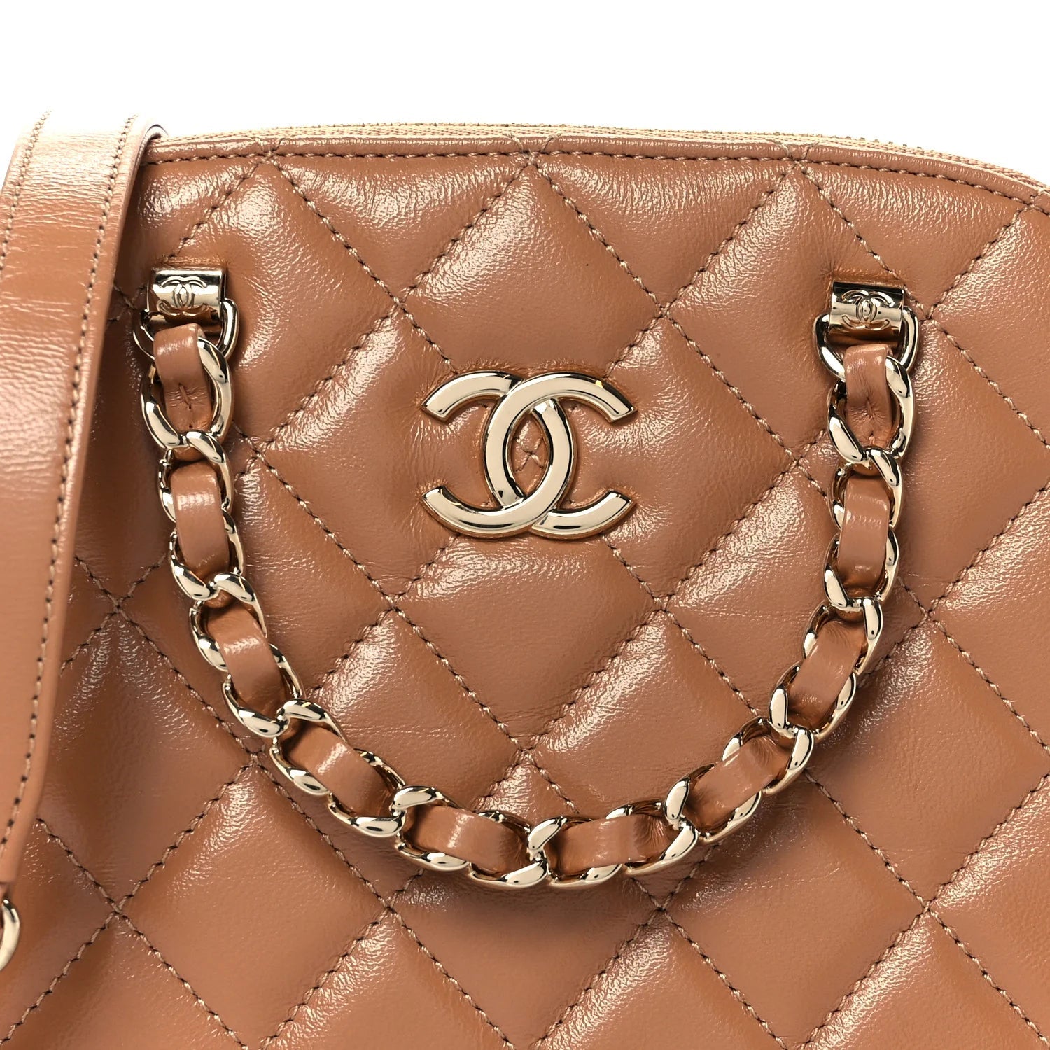 Shiny Lambskin Quilted Shiny Coco Clutch with Chain Dark Beige