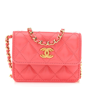 Shiny Lambskin Quilted Card Holder on Chain Pink