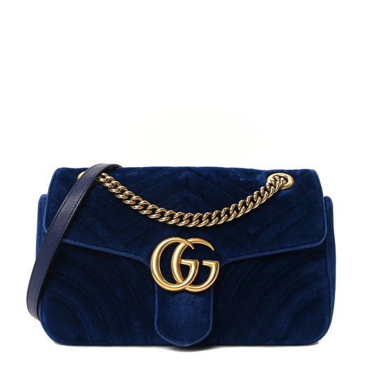 Velvet Matelasse Small GG Marmont Shoulder Bag Cobalt Blue