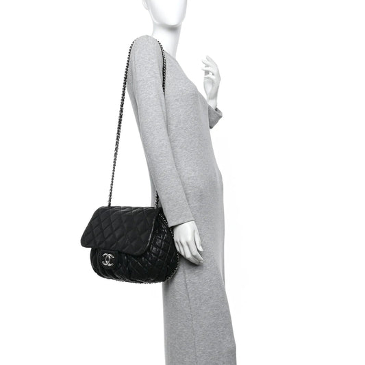 Washed Lambskin Quilted Large Chain around Messenger Black