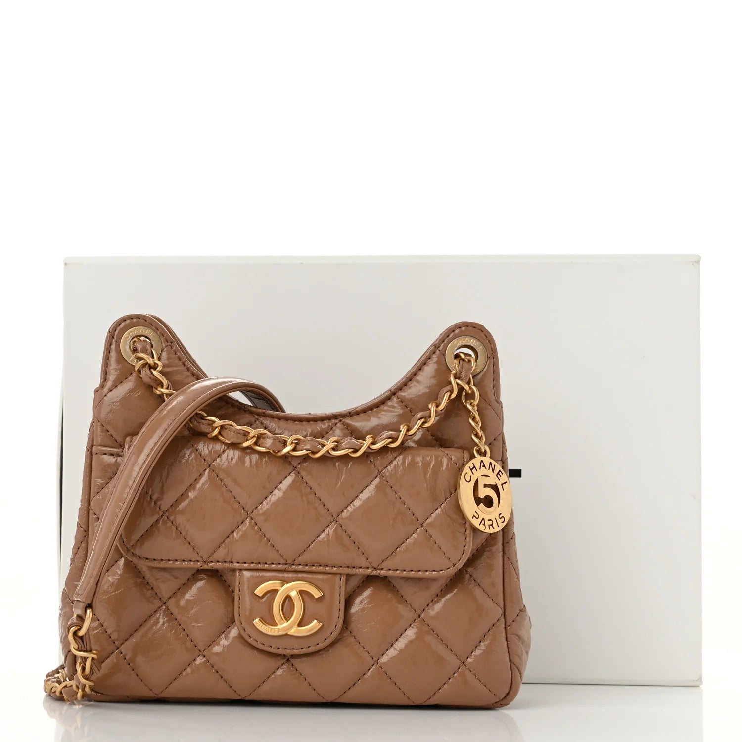 Shiny Crumpled Calfskin Quilted Small Wavy CC Hobo Dark Beige