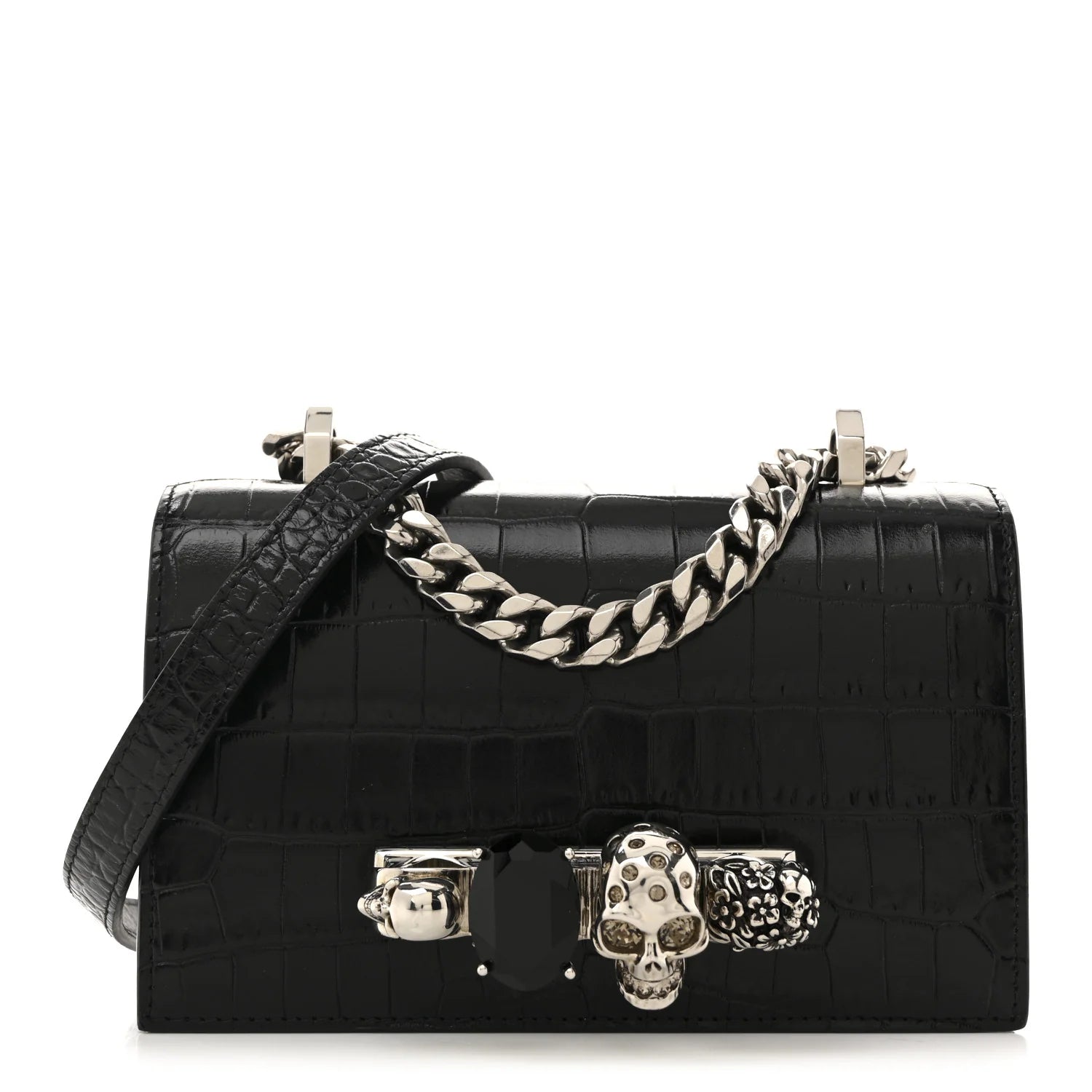Shiny Calfskin Crocodile Embossed Mini Jeweled Satchel Black