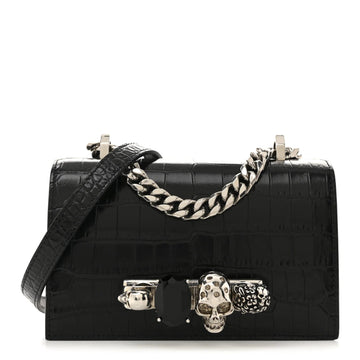 Shiny Calfskin Crocodile Embossed Mini Jeweled Satchel Black