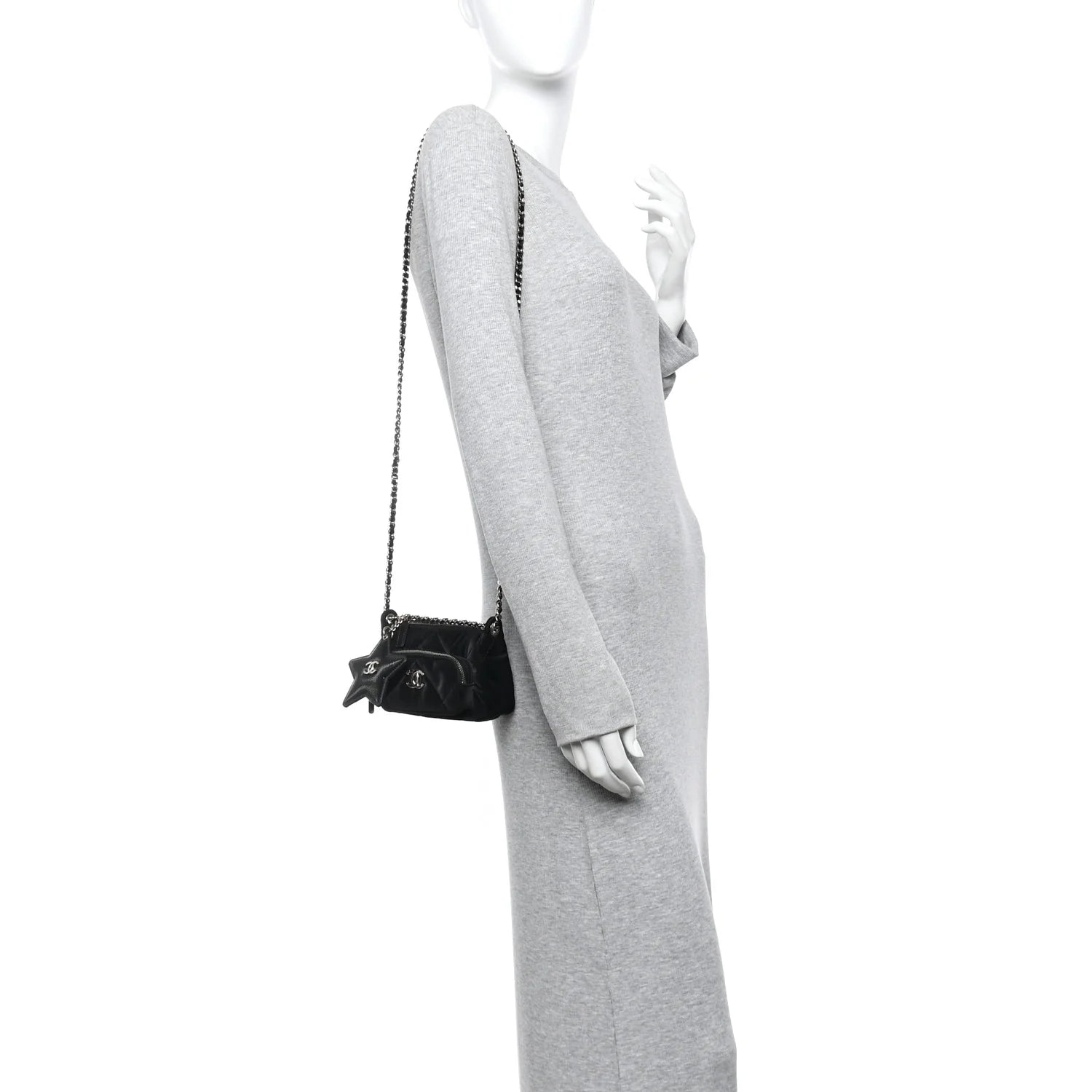 Velvet Effect Nylon Shiny Crumpled Calfskin Mini Quilted  25 Clutch with Chain Black