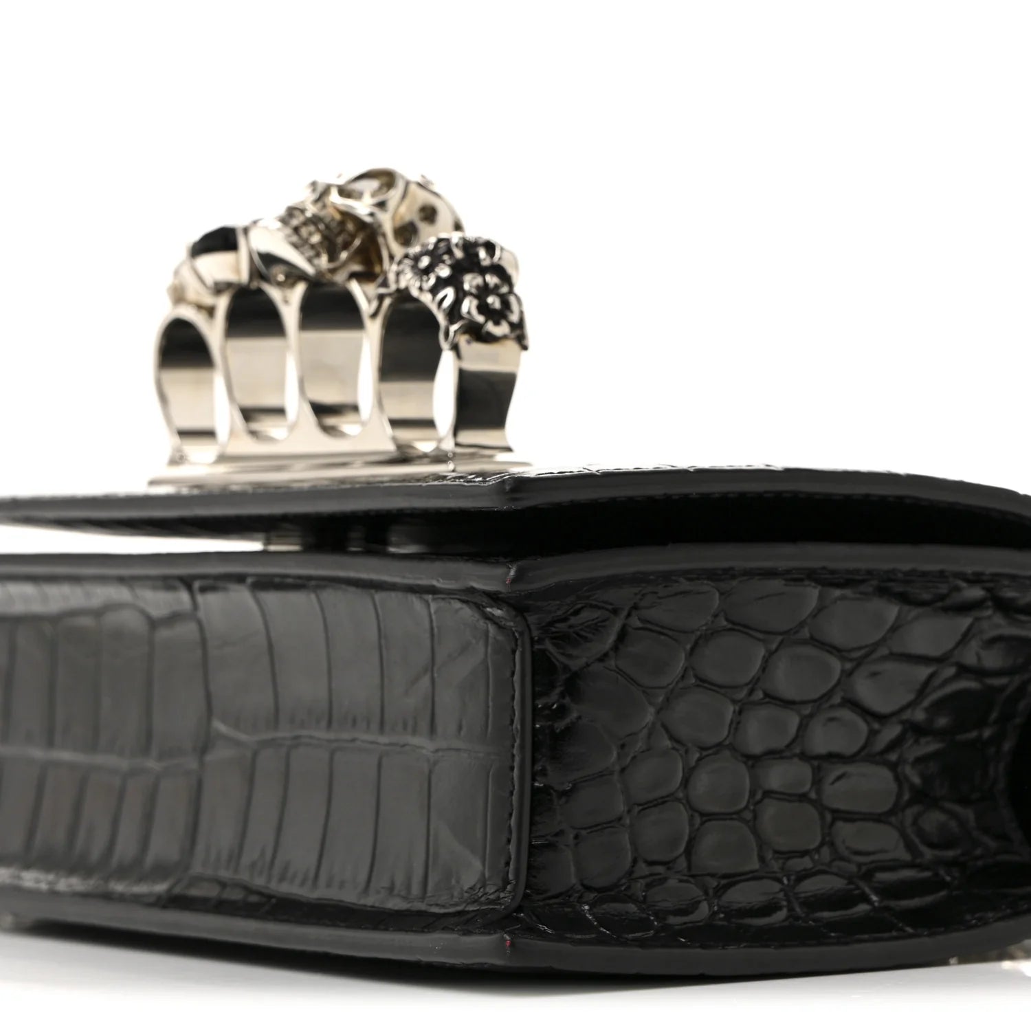 Shiny Calfskin Crocodile Embossed Mini Jeweled Satchel Black