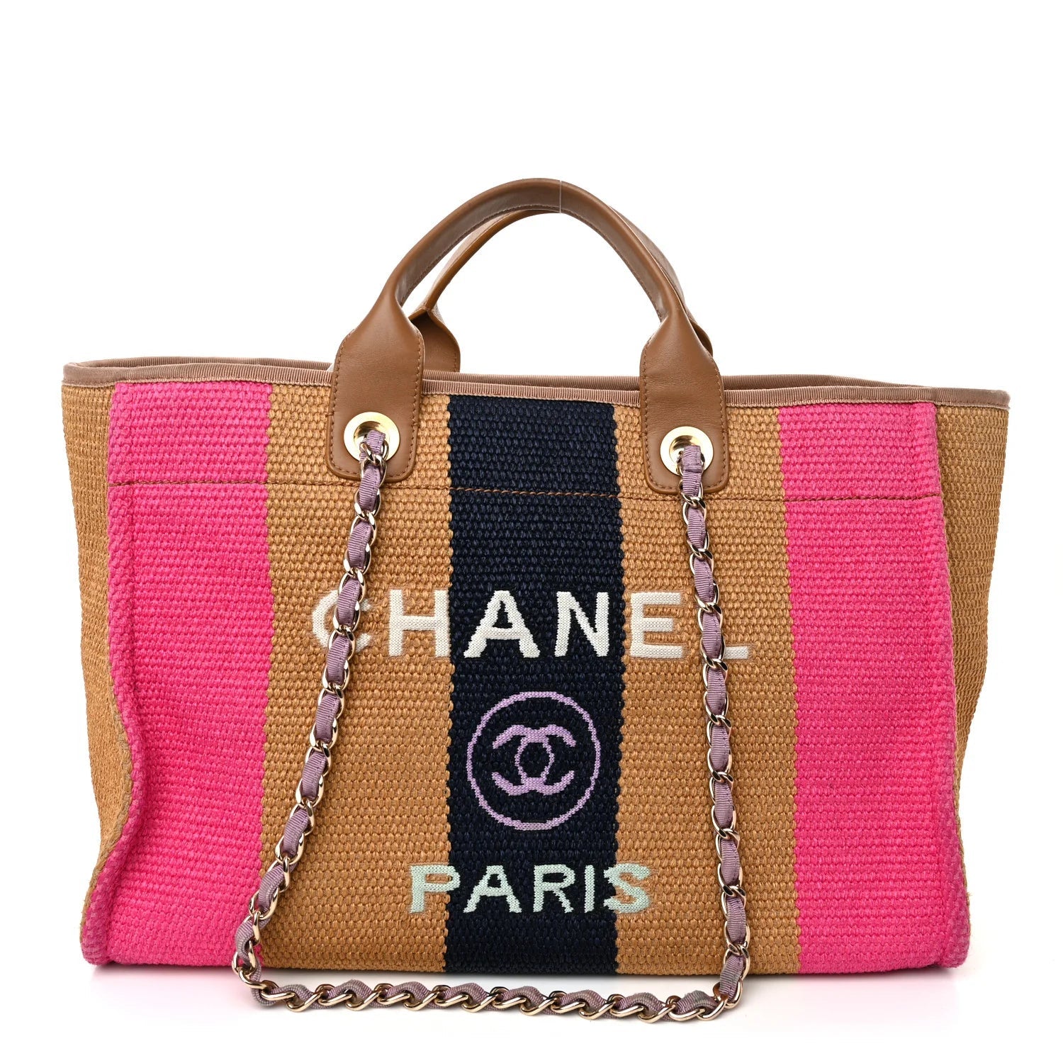 Straw Raffia Calfskin Striped Medium Deauville Tote Dark Beige Fuchsia Navy Blue