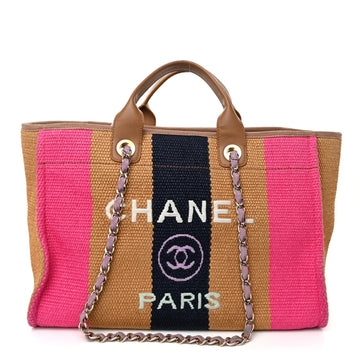 Straw Raffia Calfskin Striped Medium Deauville Tote Dark Beige Fuchsia Navy Blue