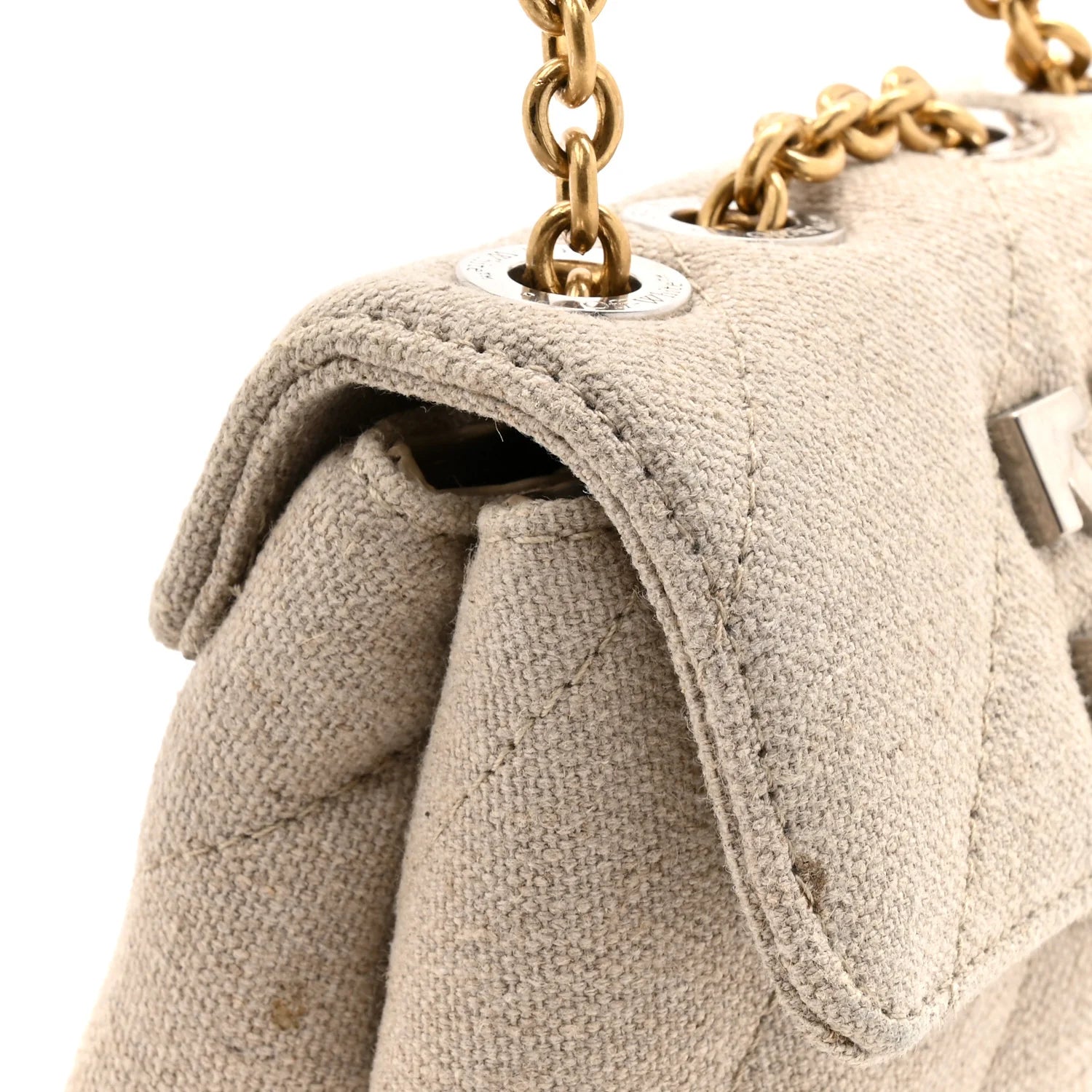 Linen Diagonal Quilted Jackhammer 17 Shoulder Bag Beige