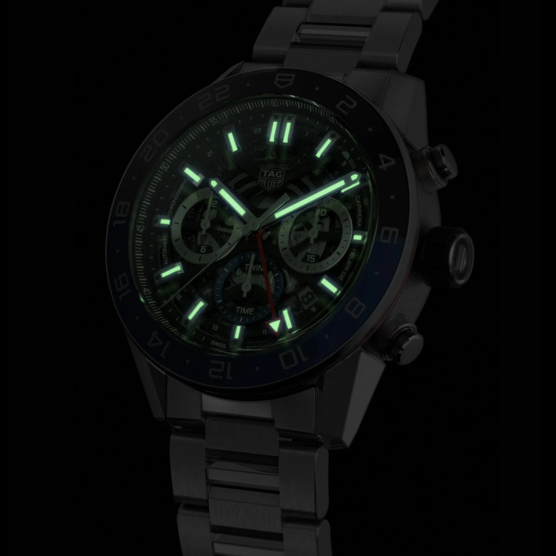 Unworn  Carrera Chronograph Twin-Time, Stainless Steel and Ceramic, 45Mm, Ref#Cbg2A1Z.Ba0658, Box & Papers