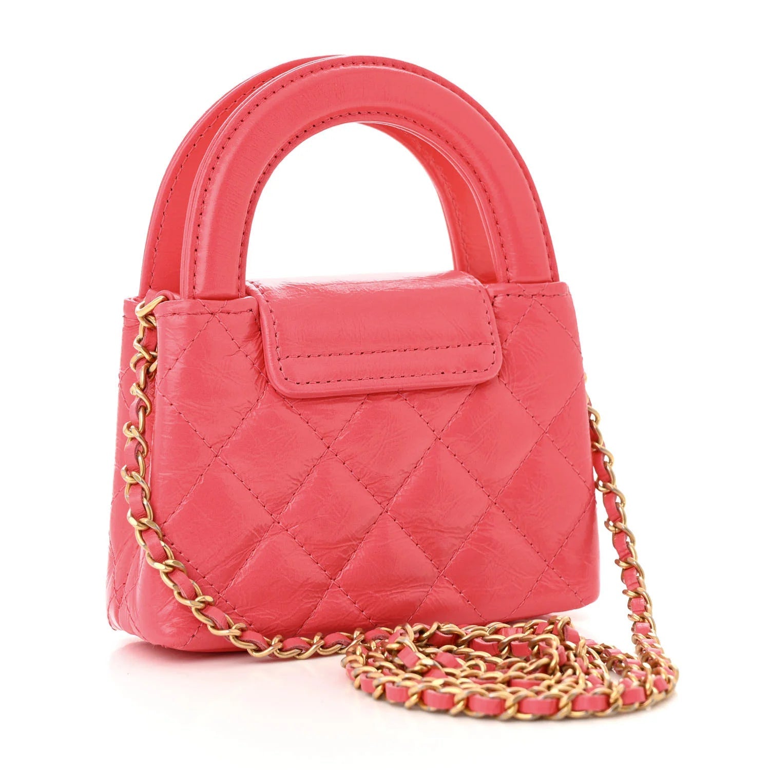 Shiny Aged Calfskin Quilted Mini Nano Kelly Shopper Dark Pink