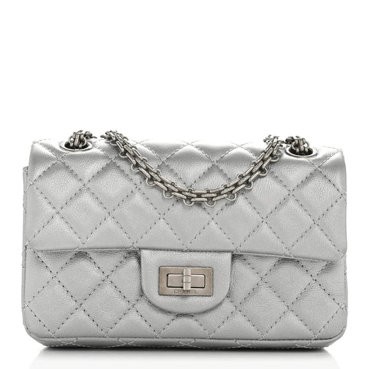 Metallic Grained Calfskin Quilted 2.55 Reissue Mini Flap Argent