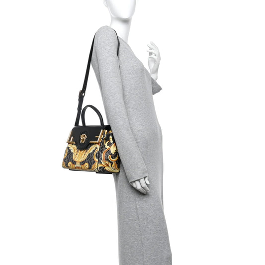 X FENDI Grained Calfskin Fendace La Medusa Medium Top Handle Bag Black Multicolor