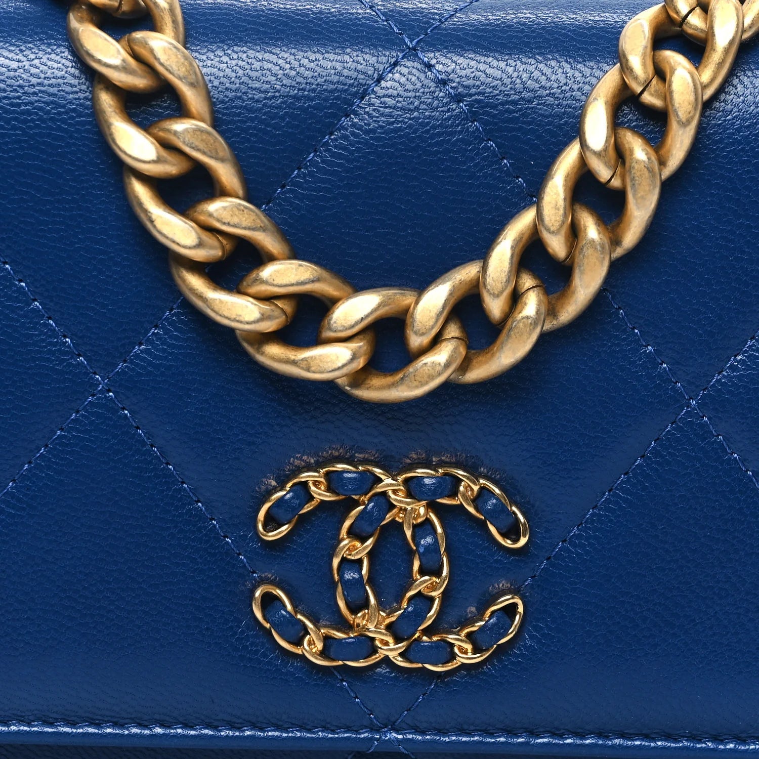 Shiny Goatskin Quilted  19 Wallet on Chain WOC Blue
