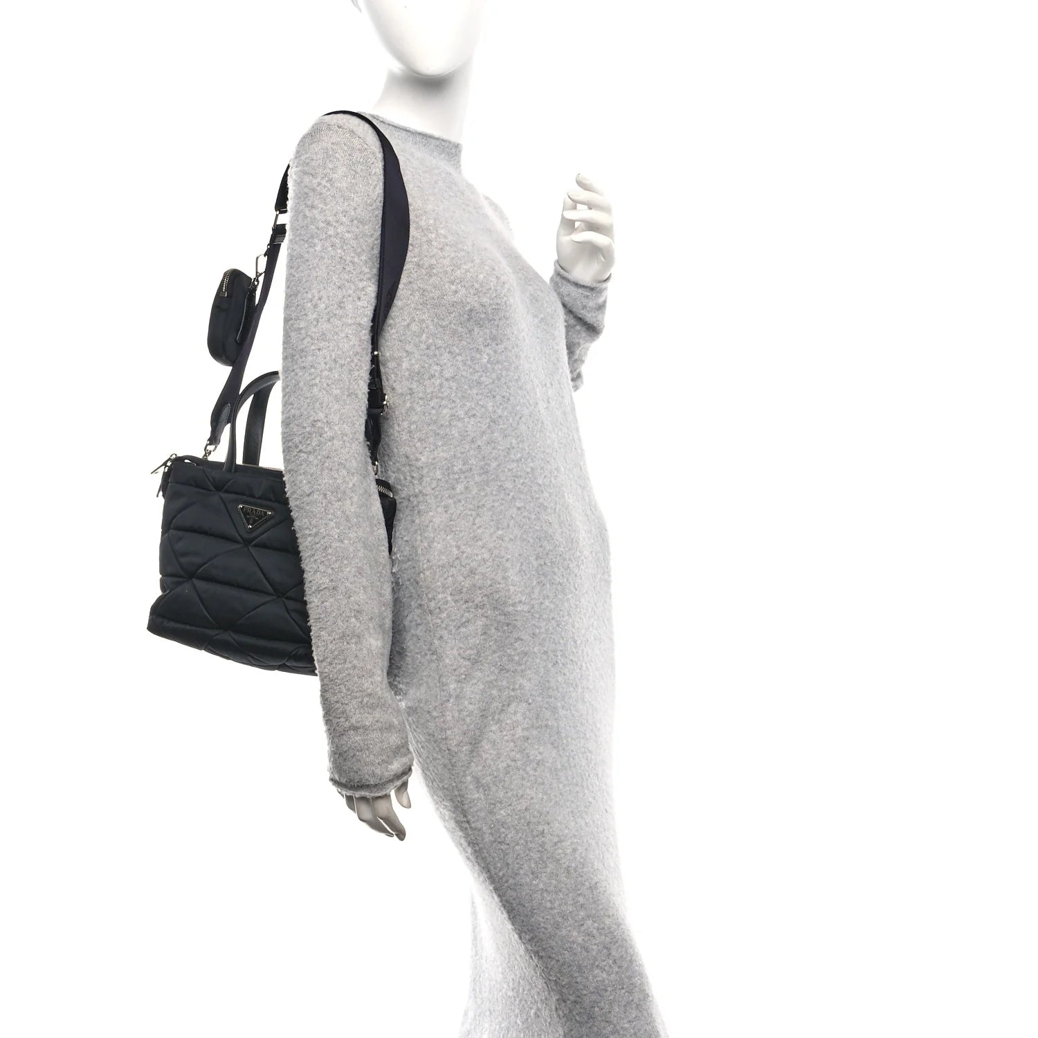 Re-Nylon Nappa Triangle Quilted Padded Double Handled Zip Pocket Tote Black