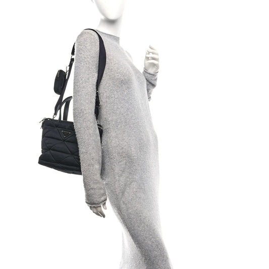 Re-Nylon Nappa Triangle Quilted Padded Double Handled Zip Pocket Tote Black