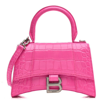 Shiny Calfskin Crocodile Embossed Hourglass Top Handle Bag XS Neon Pink