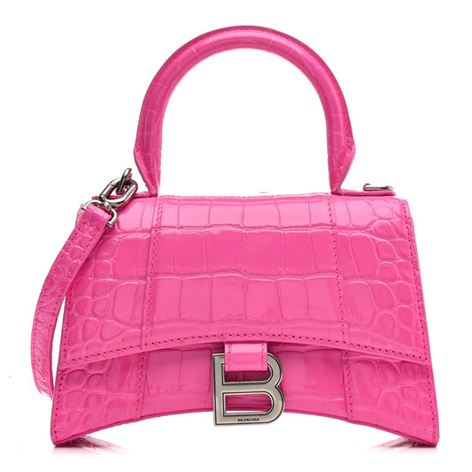 Shiny Calfskin Crocodile Embossed Hourglass Top Handle Bag XS Neon Pink