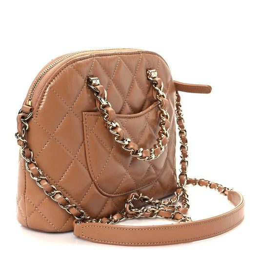 Shiny Lambskin Quilted Shiny Coco Clutch with Chain Dark Beige