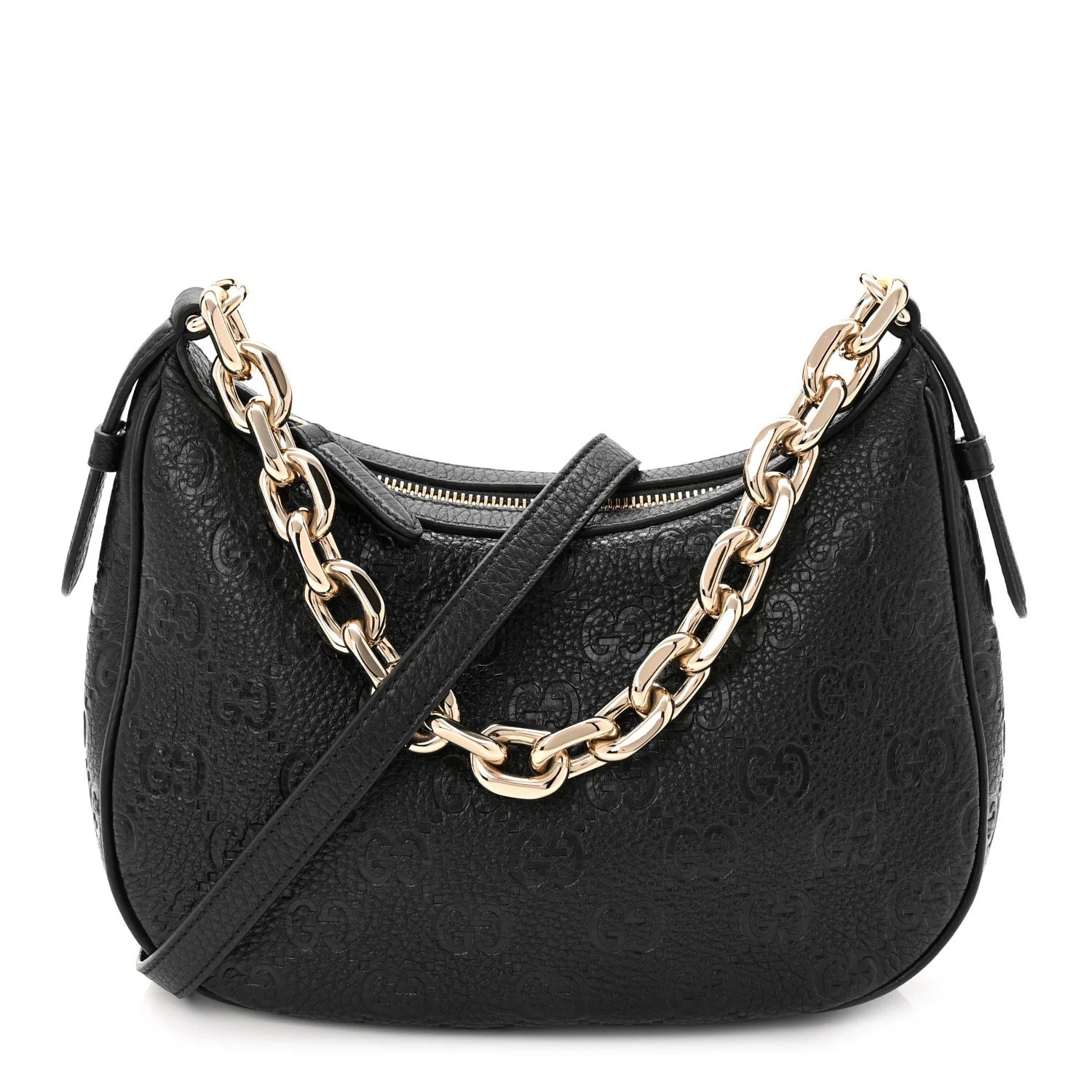 Grainy Calfskin GG Embossed Emblem Small Half Moon Shoulder Bag Black