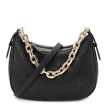 Grainy Calfskin GG Embossed Emblem Small Half Moon Shoulder Bag Black