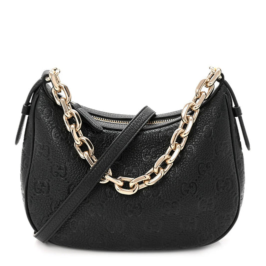 Grainy Calfskin GG Embossed Emblem Small Half Moon Shoulder Bag Black