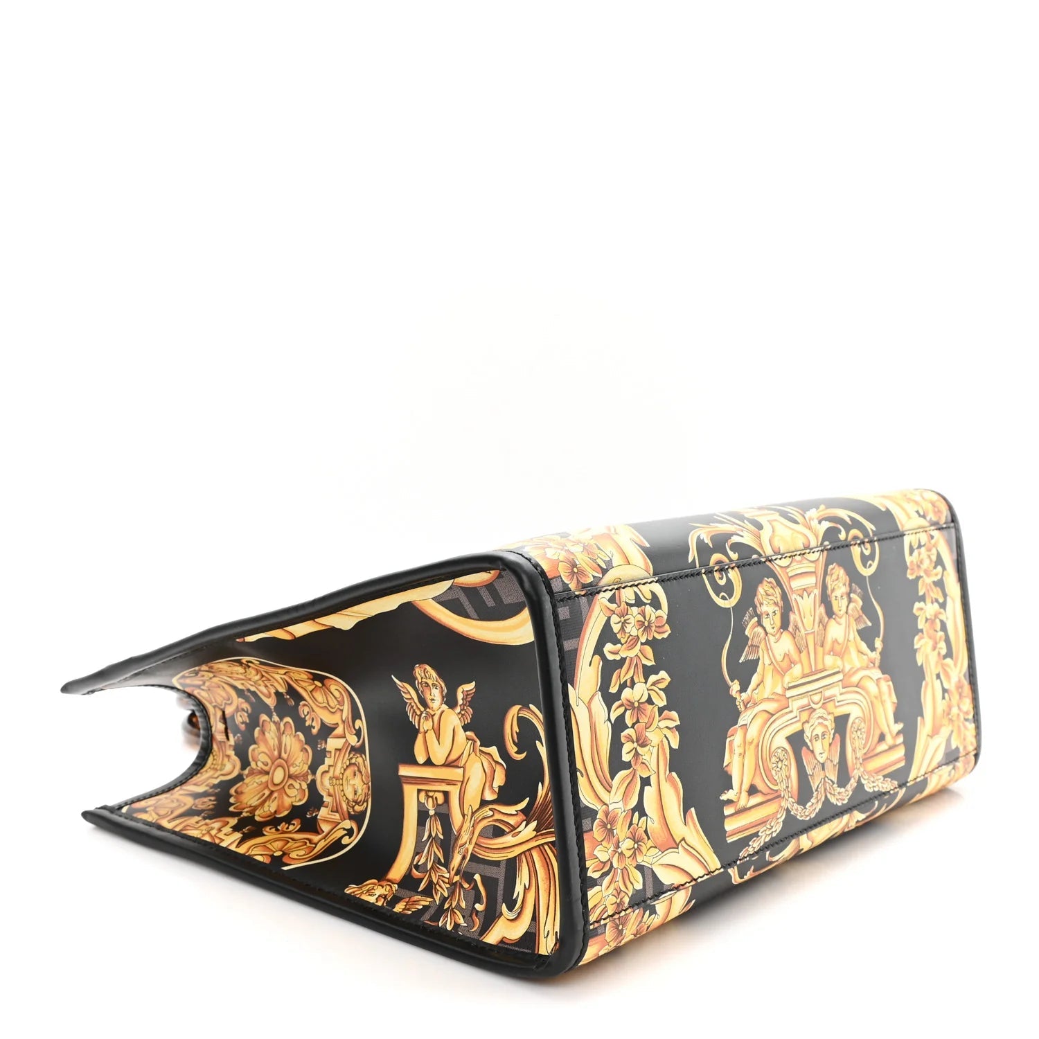 X VERSACE Calfskin Plexiglass Fendace FF Baroque Print Medium  Sunshine Shopper Tote Black Gold