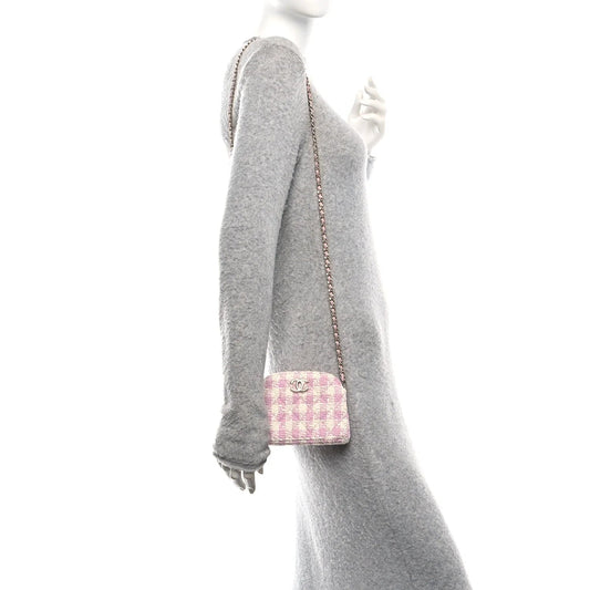 Tweed Quilted Mini Clutch with Chain Pink
