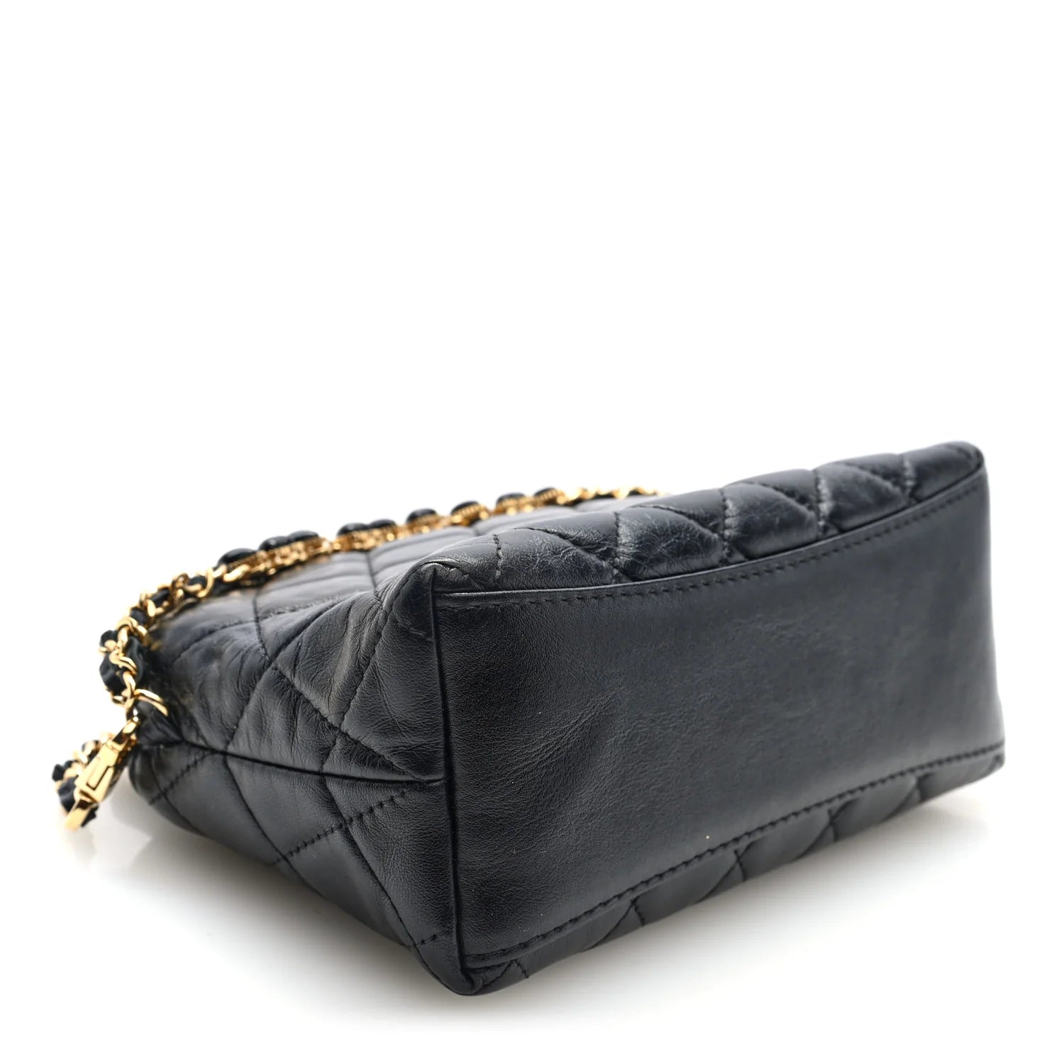 Shiny Crumpled Calfskin Quilted Clutch with Chain Black