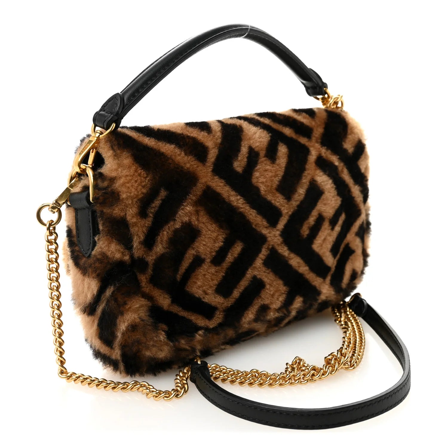 Shearling Vitello Dolce Macro FF 1974 Mini Baguette Tobacco Black