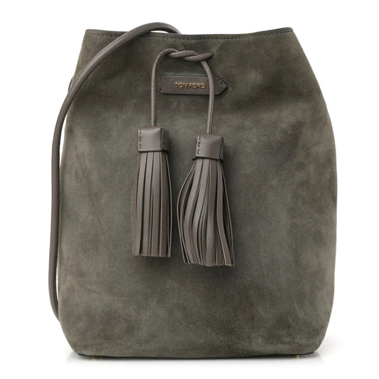 Suede Medium Double Tassel Bucket Bag Graphite