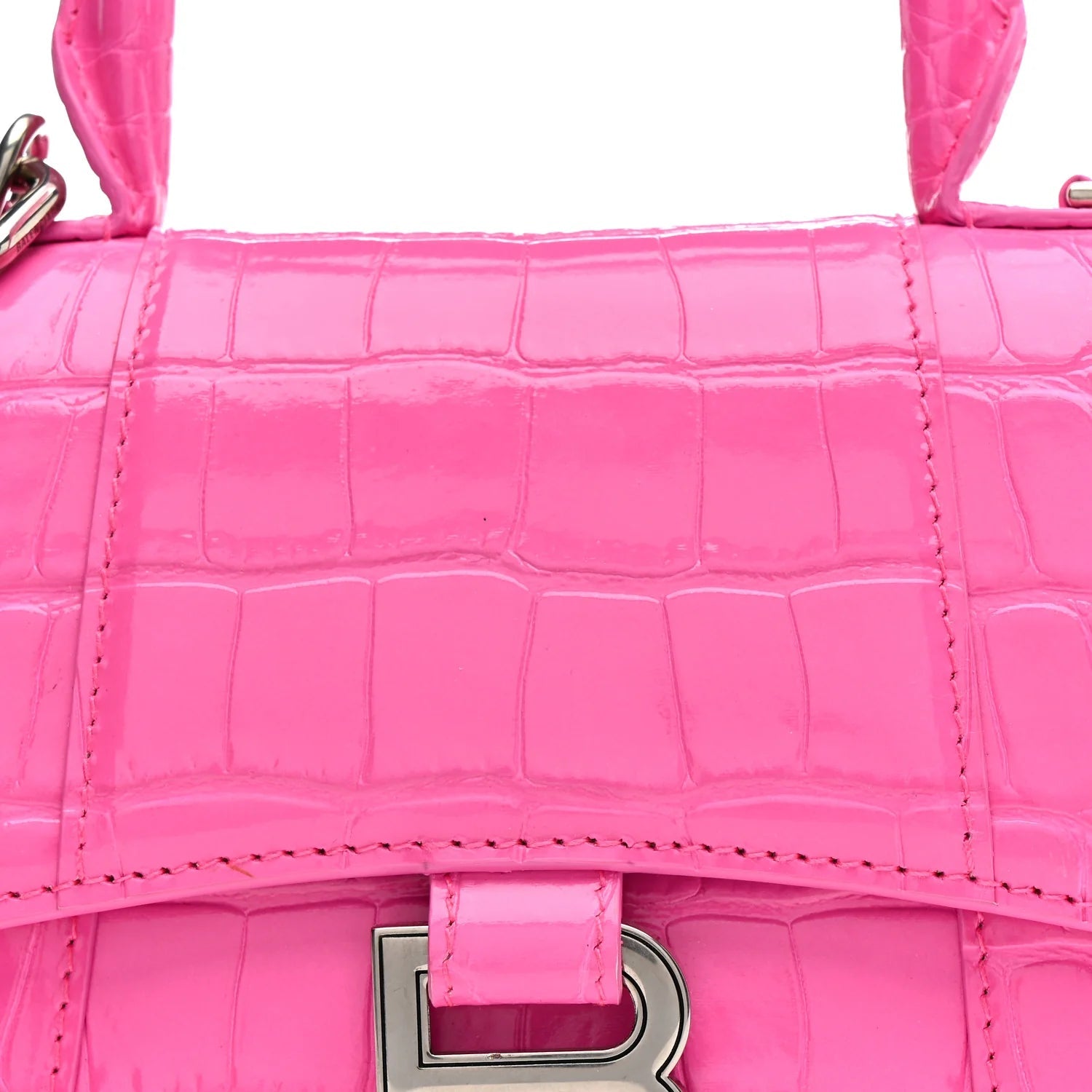 Shiny Calfskin Crocodile Embossed Hourglass Top Handle Bag XS Neon Pink
