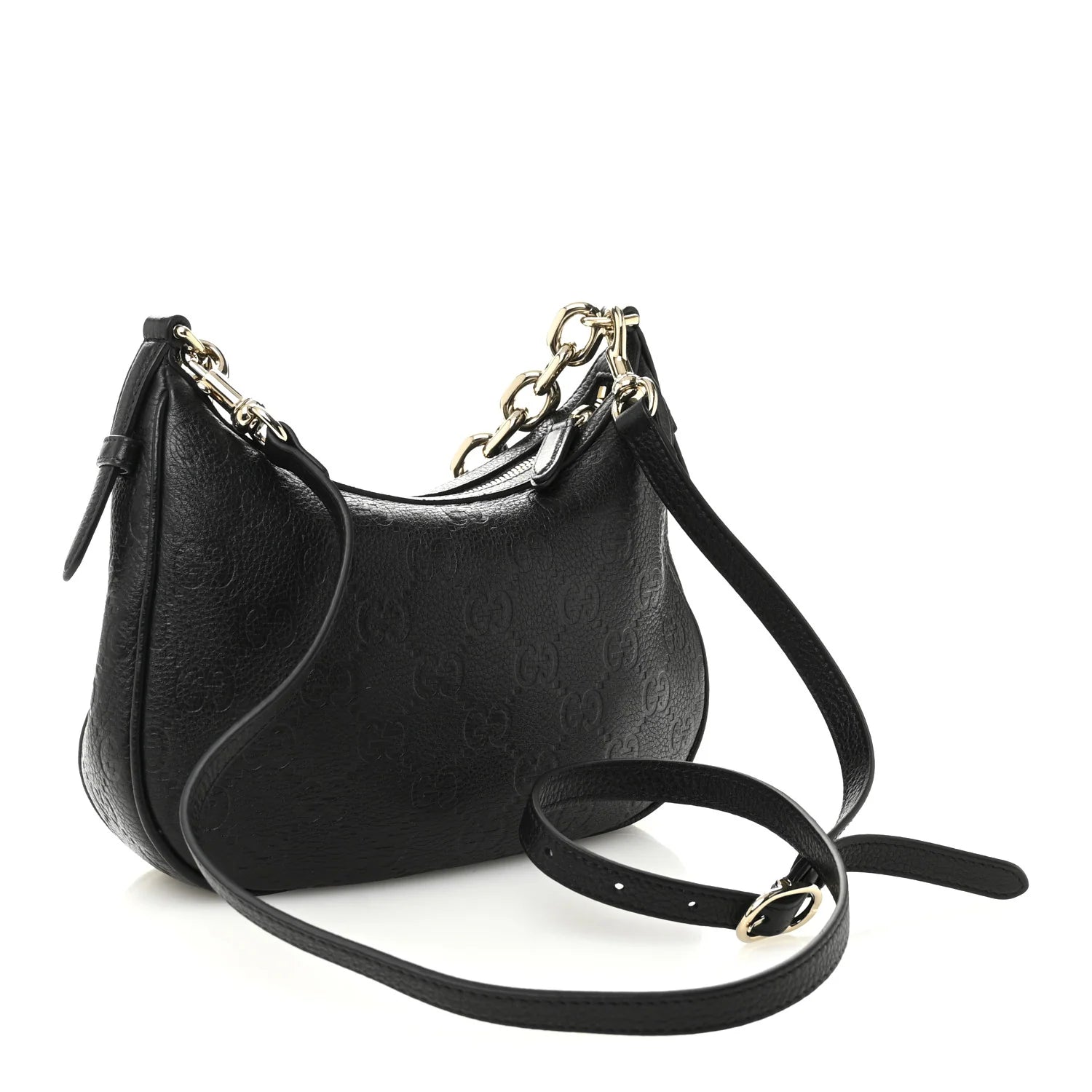 Grainy Calfskin GG Embossed Emblem Small Half Moon Shoulder Bag Black