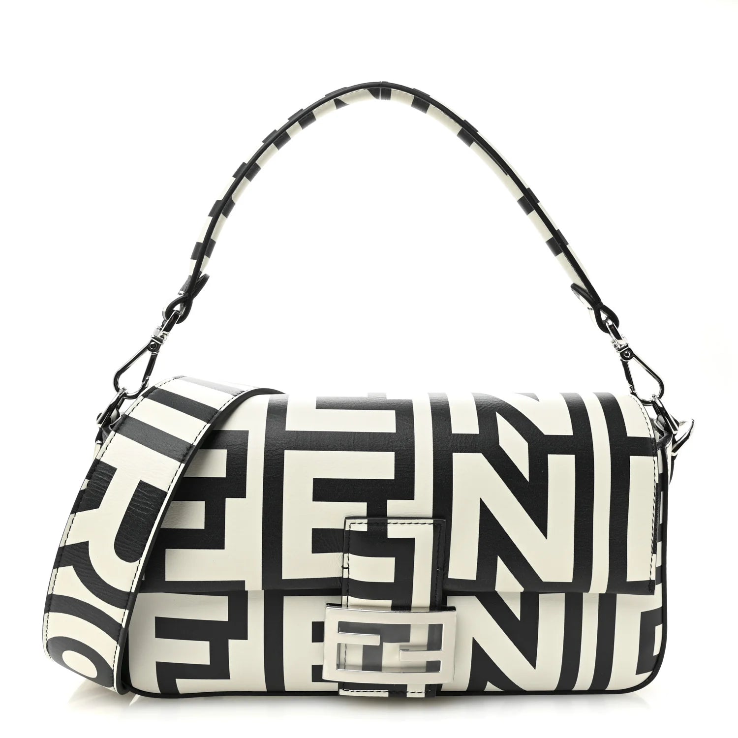 X MARC JACOBS Vitello Seta Logo Print Baguette White Black