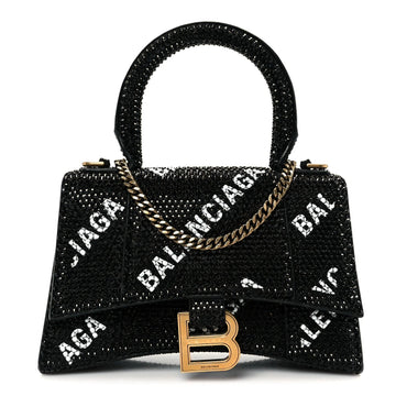 Strass Suede Allover Logo Hourglass Top Handle Bag XS with Chain Black White