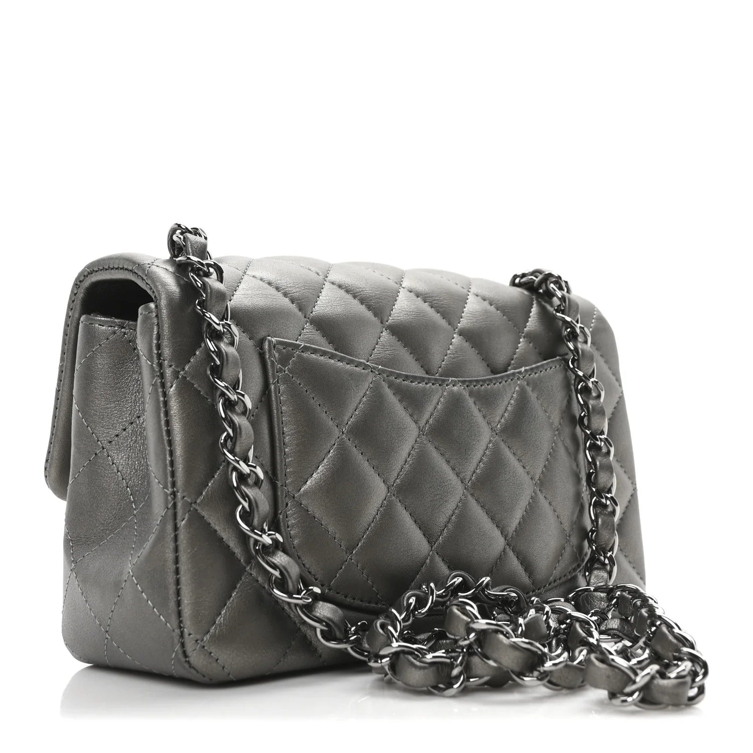 Metallic Lambskin Quilted Mini Rectangular Flap Dark Grey