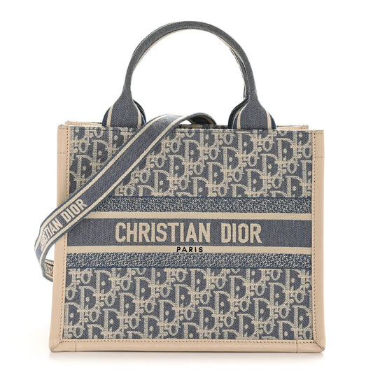 Oblique Chambray Calfskin Small Book Tote with Strap Blue Latte