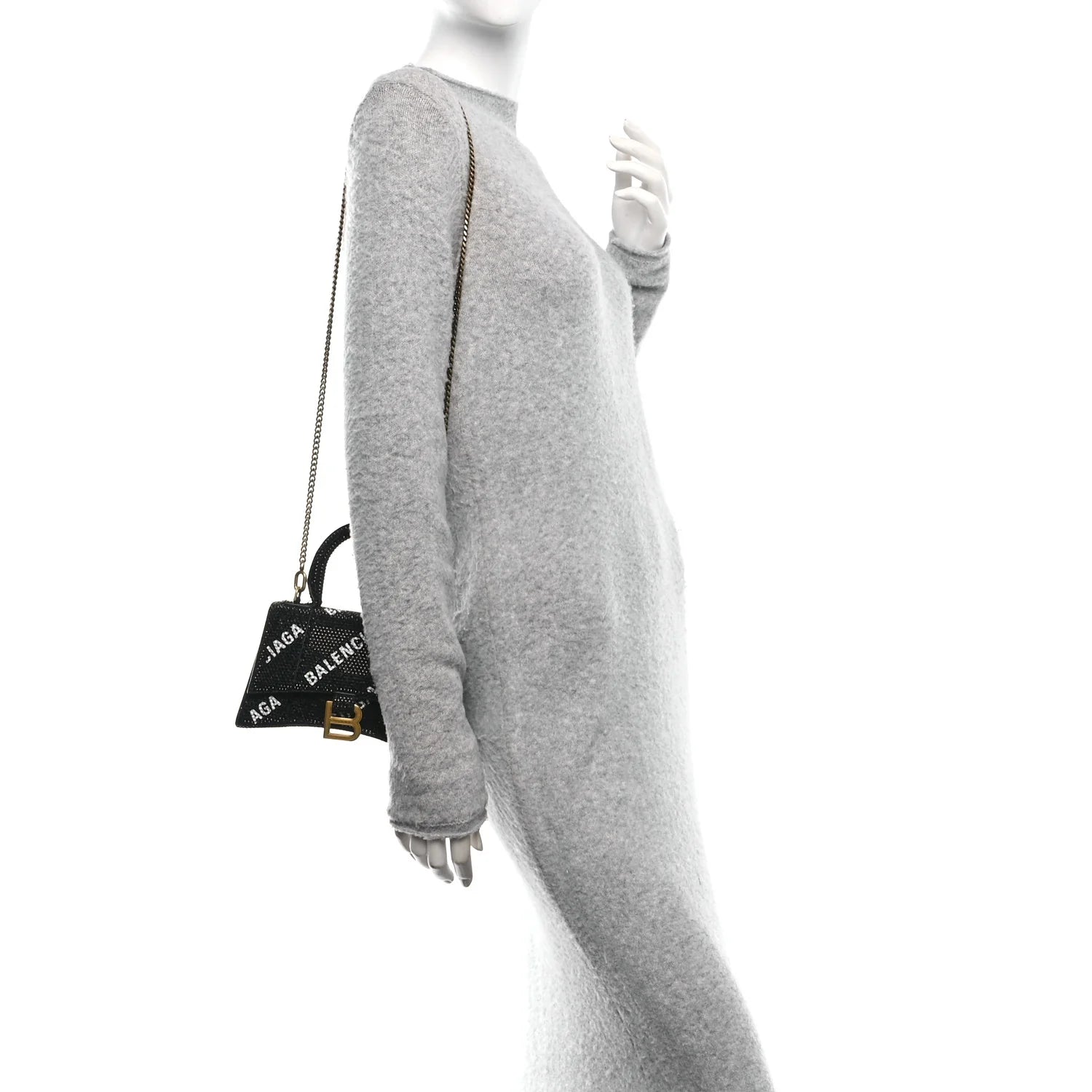 Strass Suede Allover Logo Hourglass Top Handle Bag XS with Chain Black White