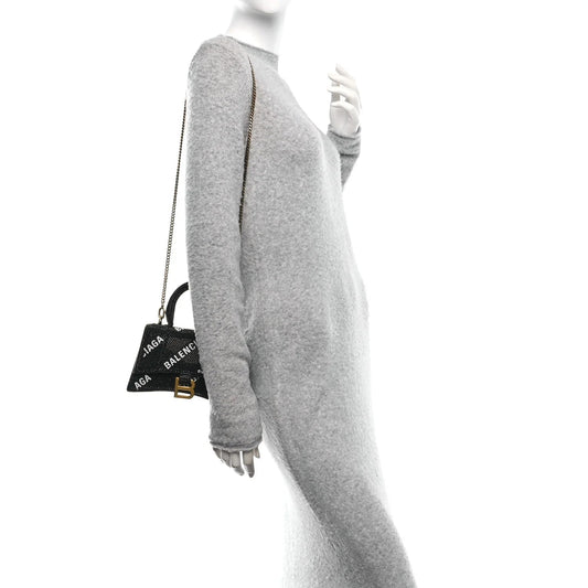 Strass Suede Allover Logo Hourglass Top Handle Bag XS with Chain Black White