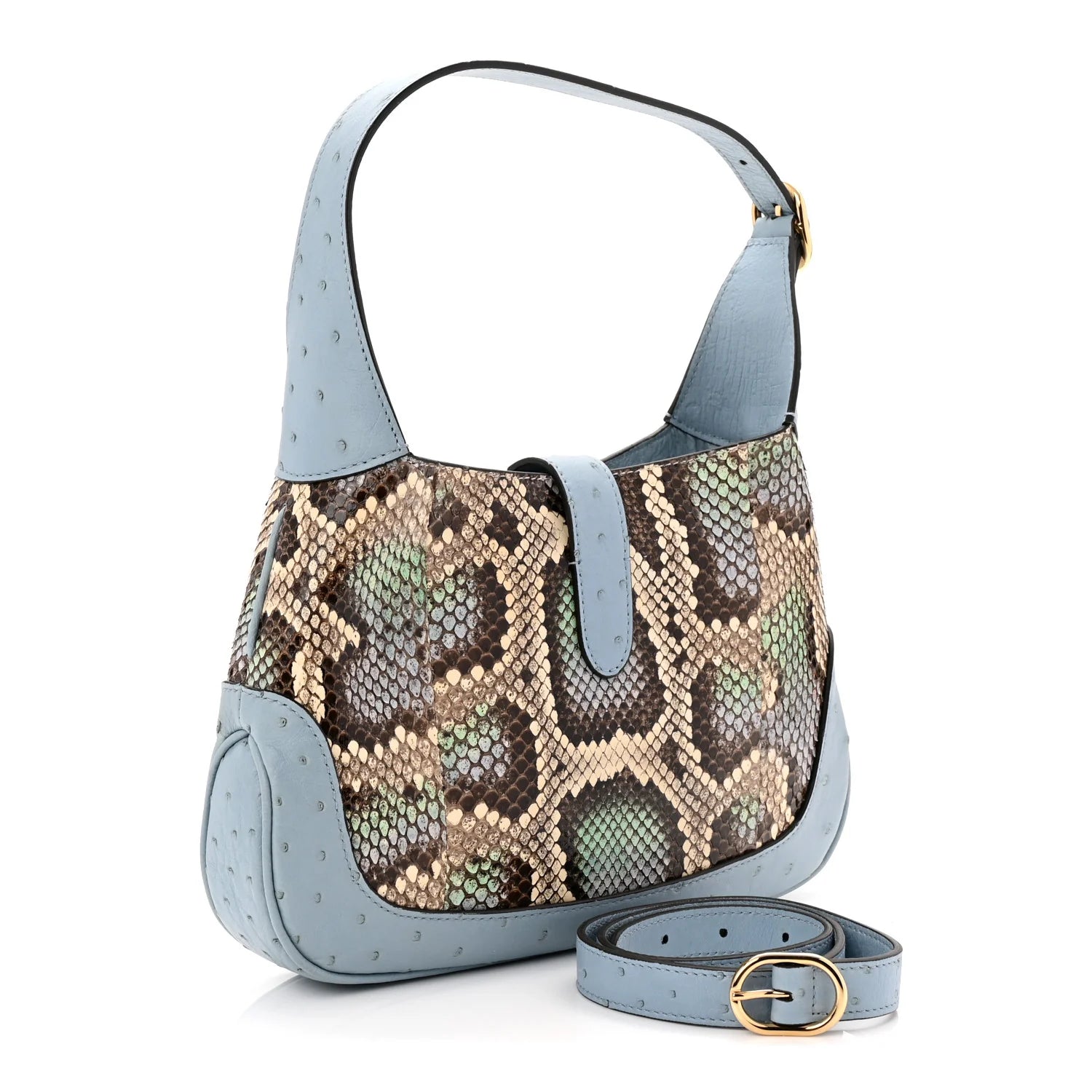 Snakeskin Ostrich Calfskin Small Jackie 1961 Hobo Blue Multicolor