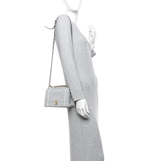 Metallic Grained Calfskin Diorama Wallet on Chain Pouch Silver