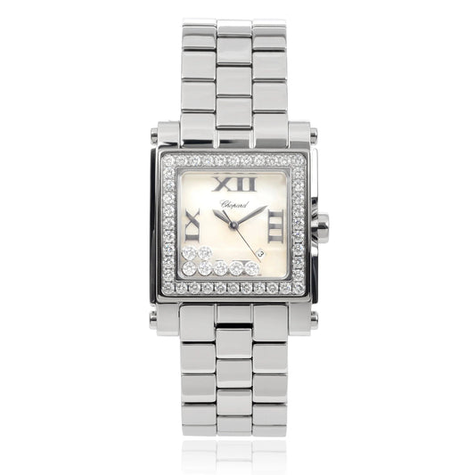 Unworn  Happy Sport Square, Stainless Steel and 18K White Gold, 7 Floating Diamonds, 30Mm X 27Mm, Ref# 278505-2001, Box and Papers