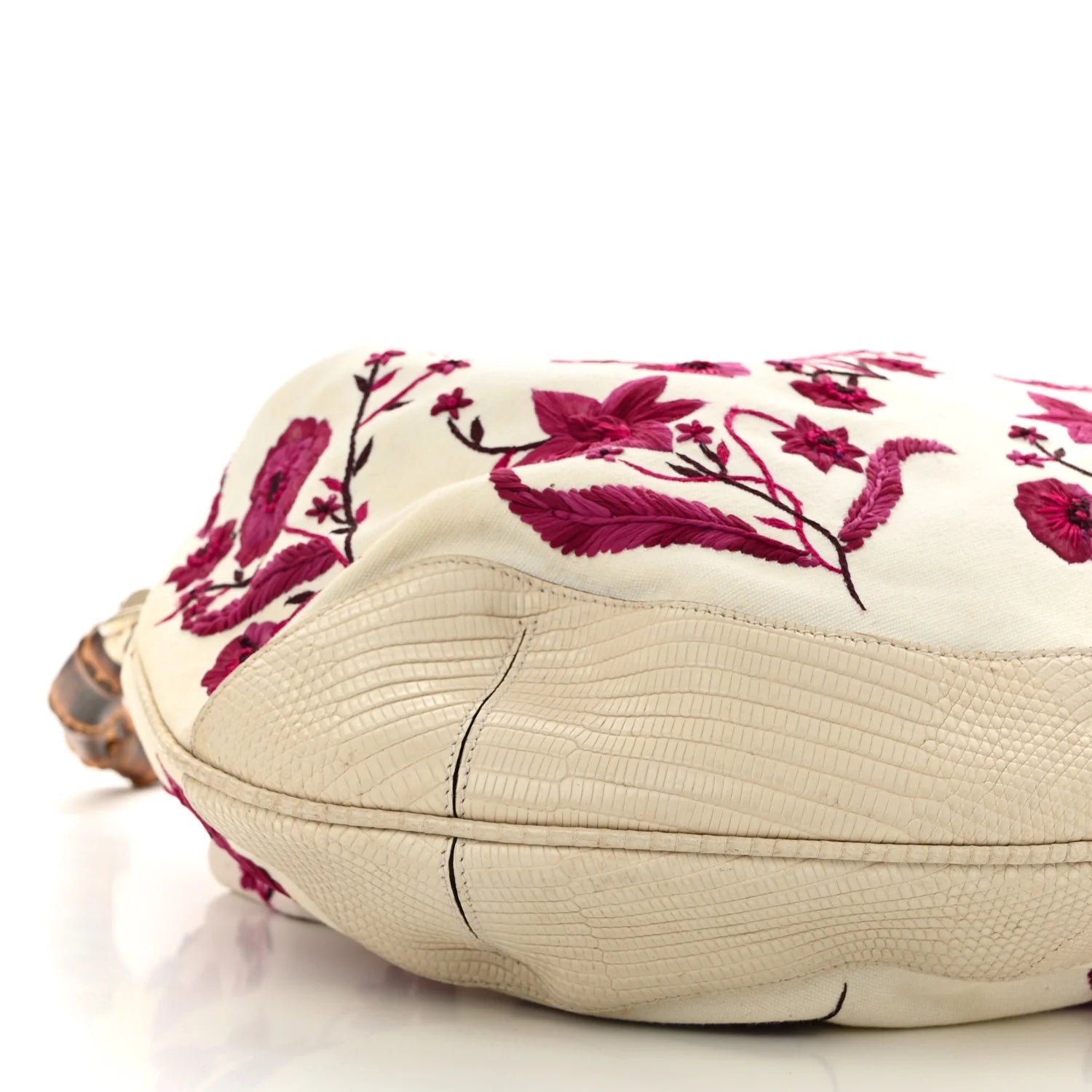 Lizard Canvas Embroidered Peggy Bamboo Top Handle Hobo White Pink