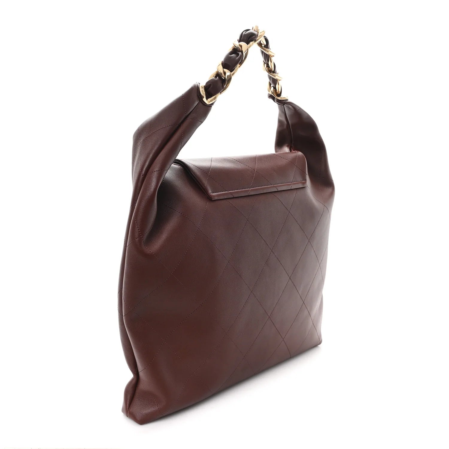 Shiny Calfskin Quilted Maxi Chain Hobo Dark Brown