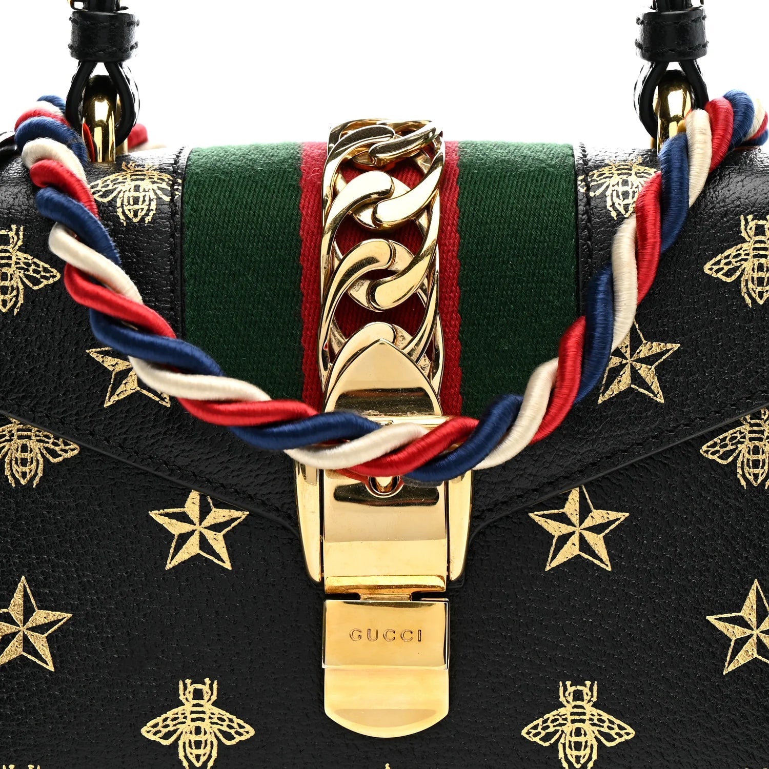 Textured Calfskin Bee Star Print Mini Sylvie Top Handle Bag Black