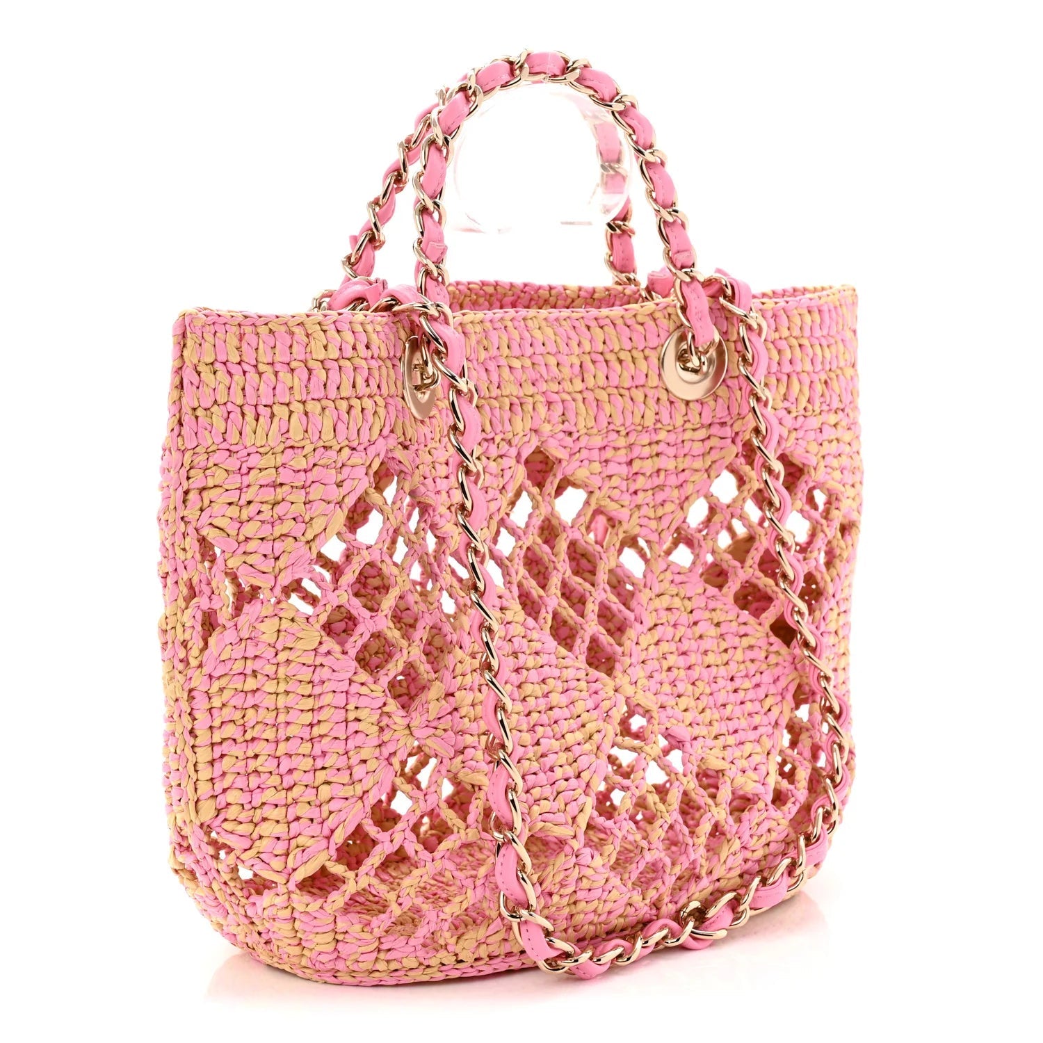 Raffia Effect Braided Small Shopping Bag Beige Pink